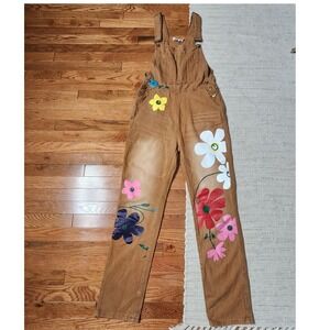 Misslook Denim Bib Overalls M Painted Floral Boho Art Hippie Hippie Festival